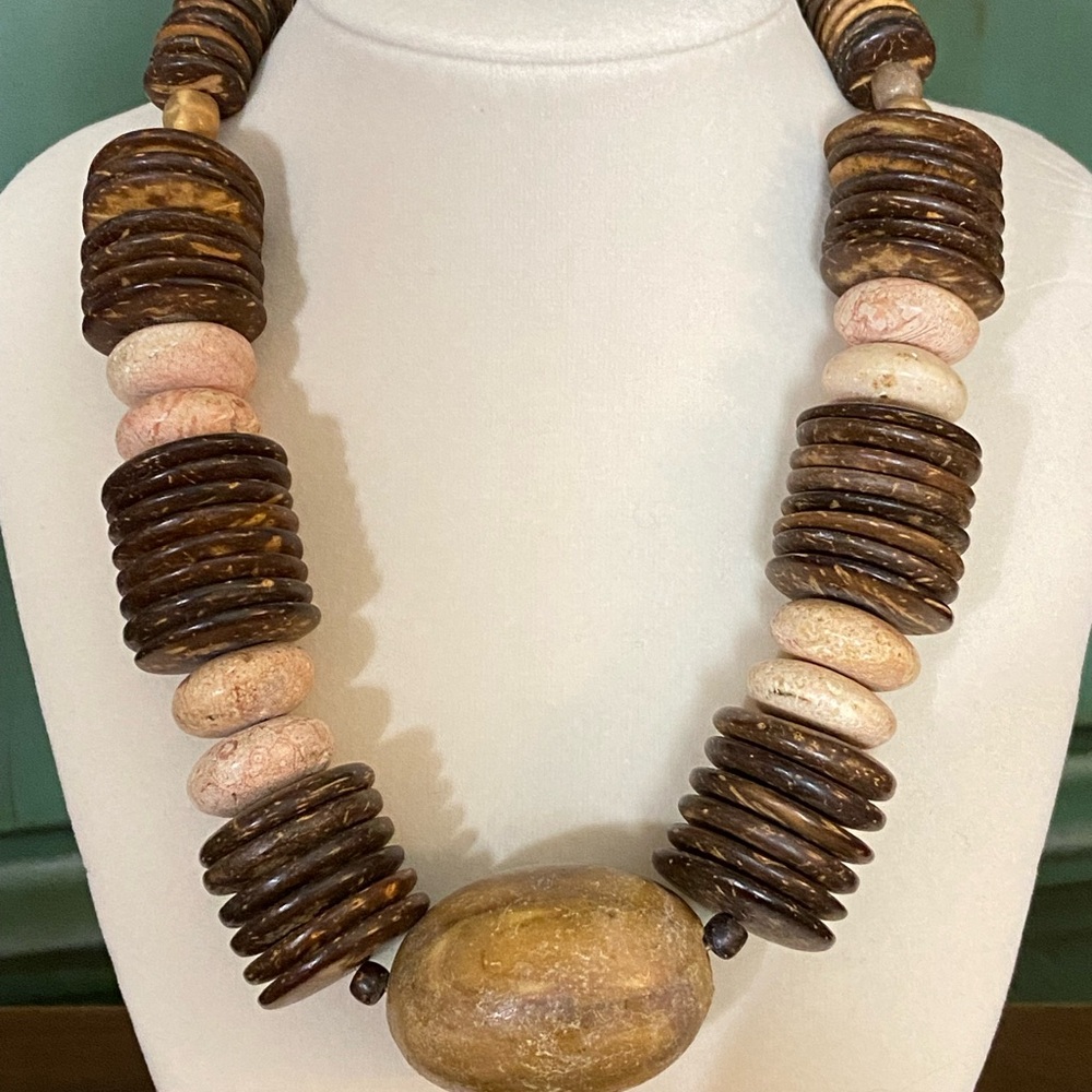 Chunky Brown and Cream Mixed Material Beaded Necklace